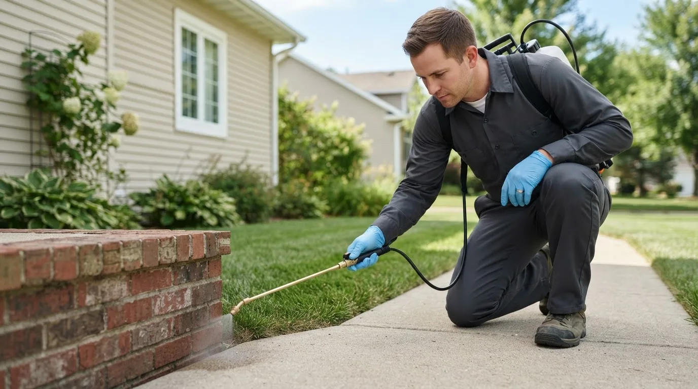Pest control technician treating a home near Brigham City, UT